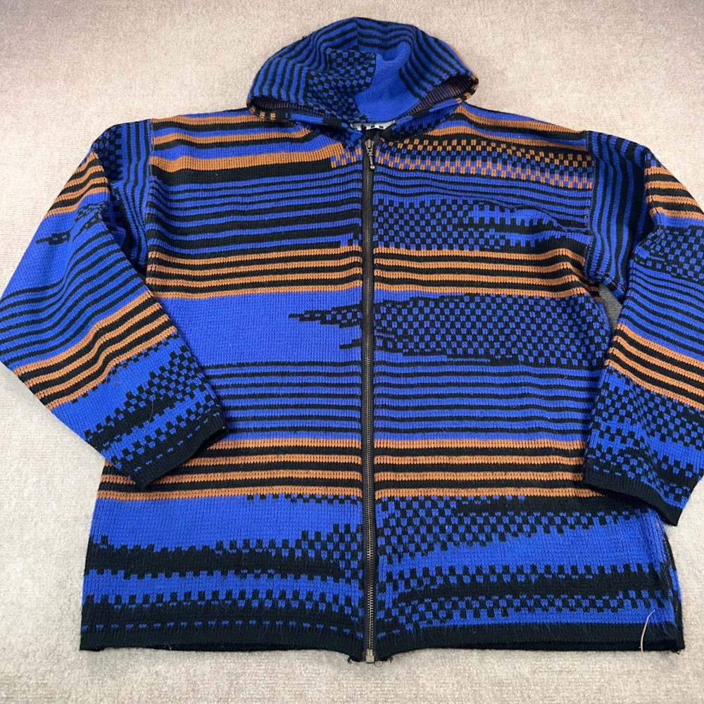 Vintage Saturdays Mens Full Zip Hooded Sweater Blue Orange Geometric Striped LXL